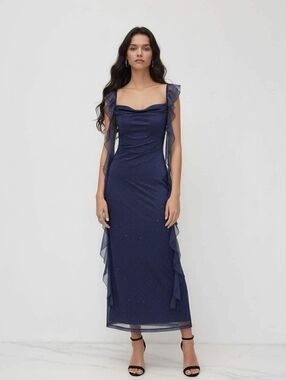 Cider Elegant Navy Ruffle Strap Evening Dress New Size L